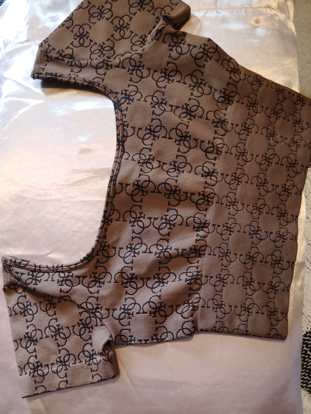 Guess Brown and Black Monogram Stretch Crop Top